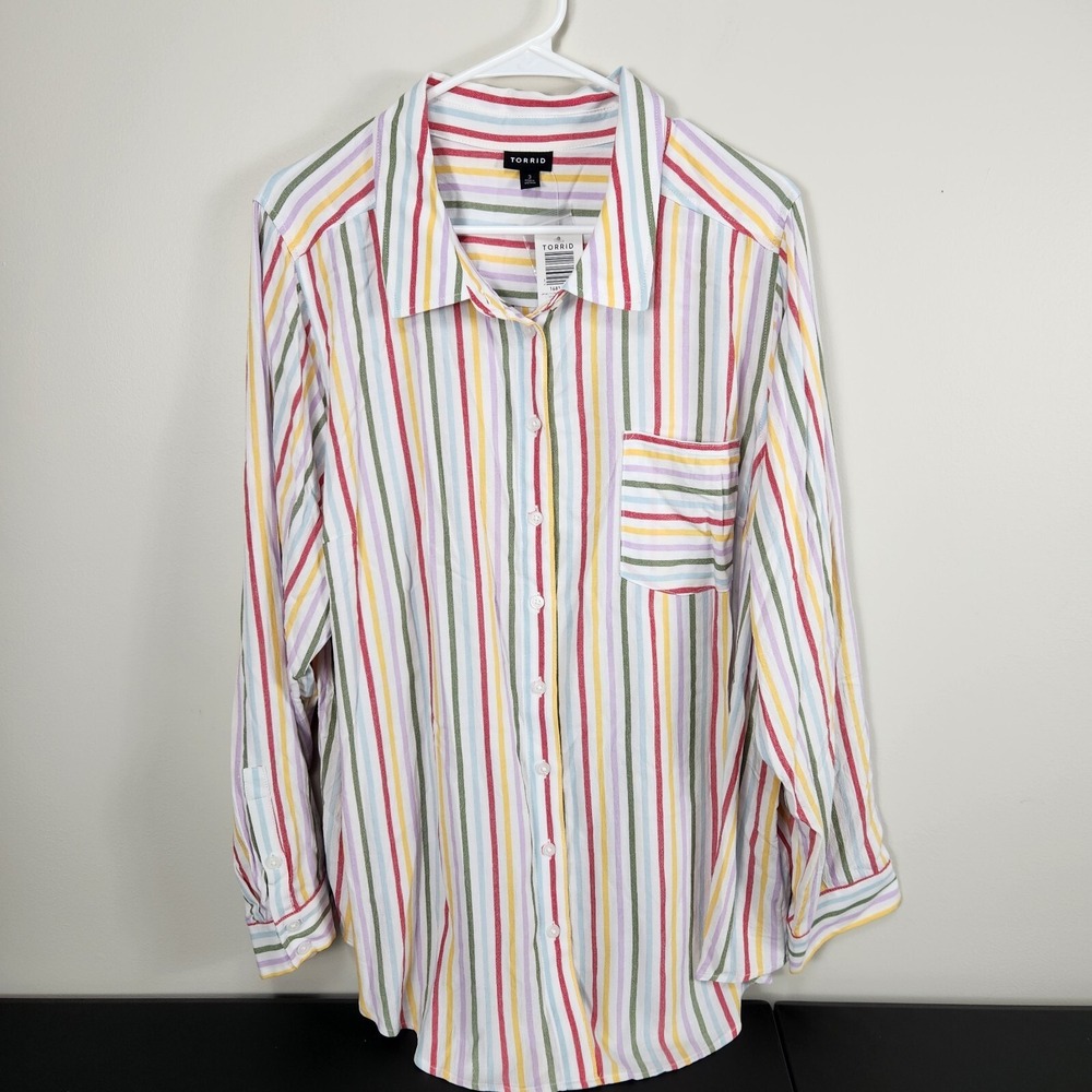 Torrid NWT Shirt Top Womens 3X Lizzie Rayon Crepe Button Up Long Sleeve Striped - Picture 2 of 13